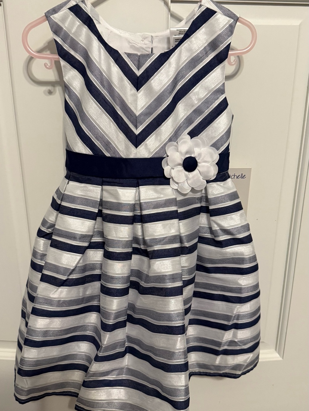 3T Jona Michelle Navy and White Striped Formal Dress with Flower Sash